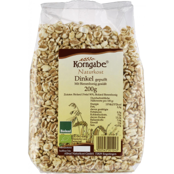 Korngabe Dinkel gepufft mit Honig, 200 gr Packung